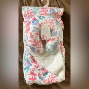 Brand new 2 piece baby, pink flowers plush blanket set with headrest.